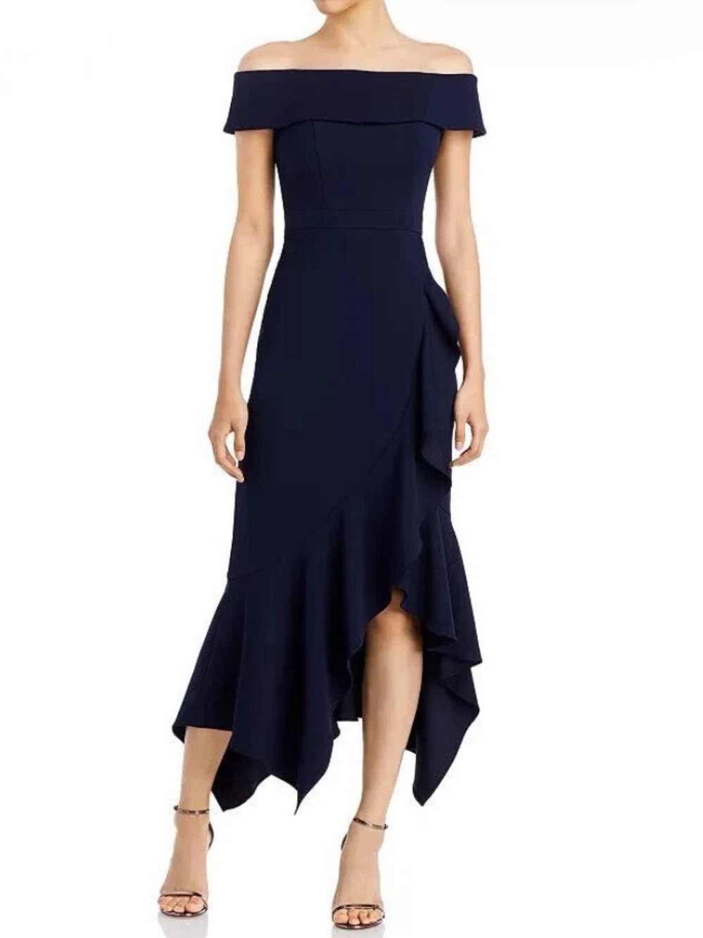 New AQUA Scuba Crepe Off-the-Shoulder Midi Dress Size 8 (Navy Blue)
